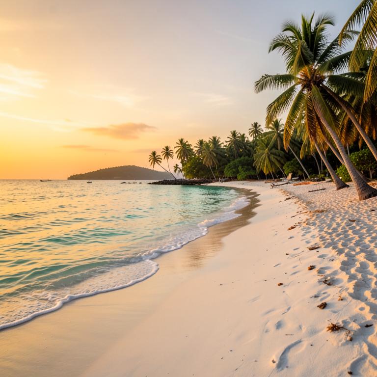 White sand Zanzibar beach with palms at dusk