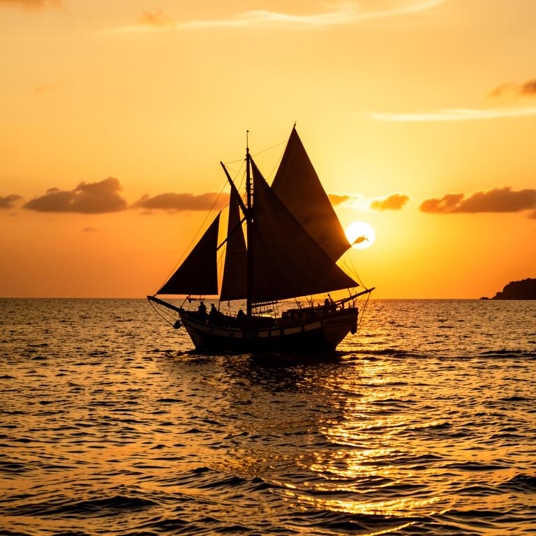 Traditional dhow sailing at sunset off Zanzibar