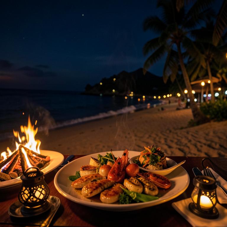 Seafood dinner on the beach by lantern light