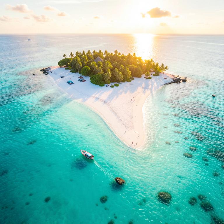 Aerial view of a white sandbank in turquoise Zanzibar water