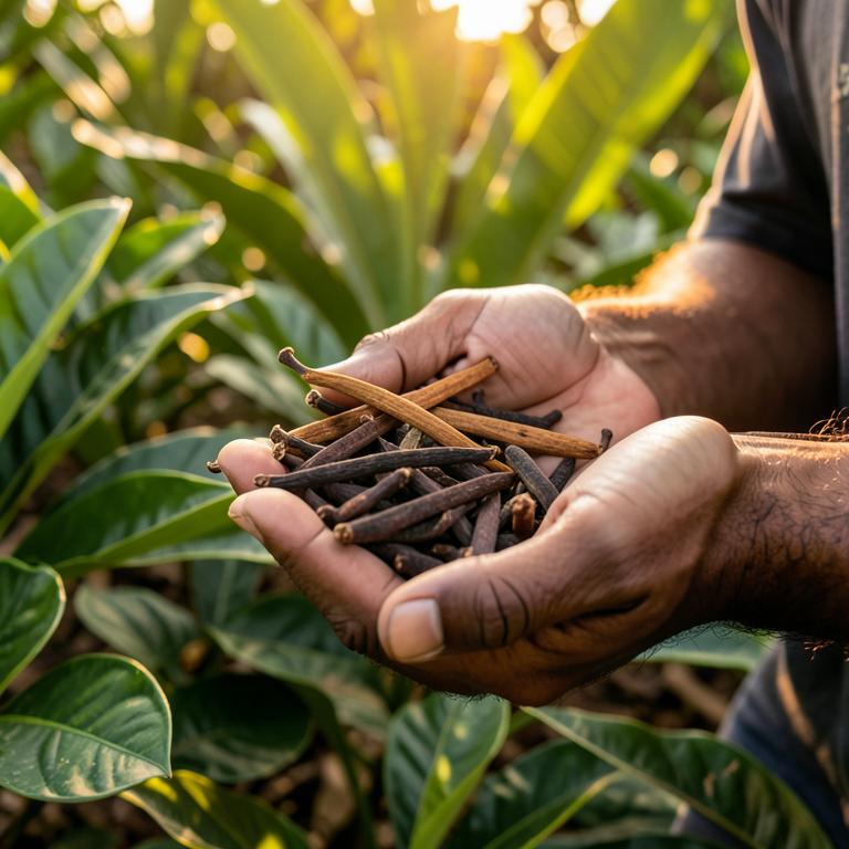 Hands holding cloves and vanilla pods on a Zanzibar spice farm