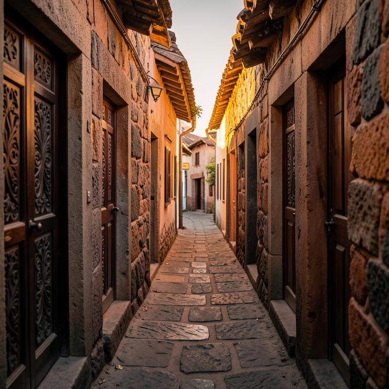 Narrow coral stone alley in Stone Town at golden hour